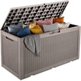 thumbnail image 1 of PayLessHere Deck Box 100 Gallons Storage Box Waterproof Outdoor Storage Box Bench with keyhole for Outdoor Garden Pool Patio Storage,Tan, 1 of 8