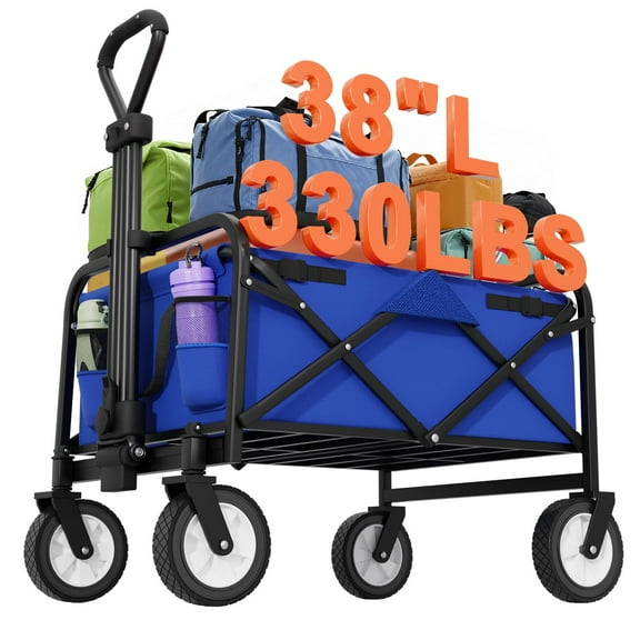 PayLessHere Folding Wagon Garden Cart with Adjustable Handle &360°Universal Wheels,Blue