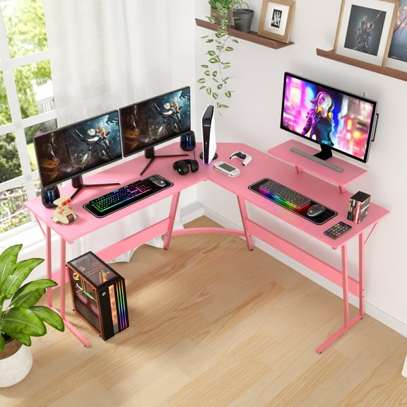 PayLessHere L Shaped Desk Corner Gaming Desk Computer Desk with Large Desktop Studying and Working and Gaming for Home and Work Place,Pink