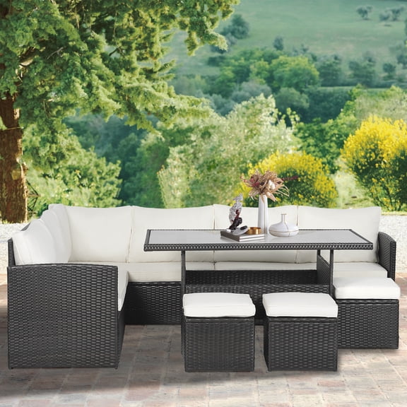 PayLessHere7 pieces rattan woven outdoor table and chair garden furniture with end table, khaki mat