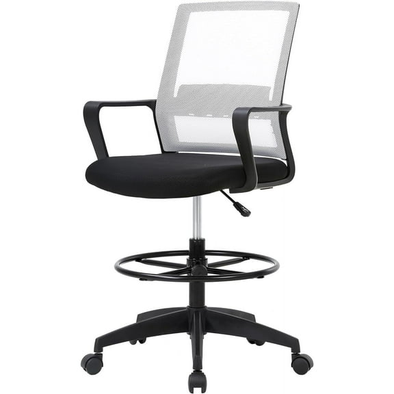 PayLessHere Tall Drafting Chair - Adjustable Mesh Office Chair w/ Foot Ring & Lumbar Support, White