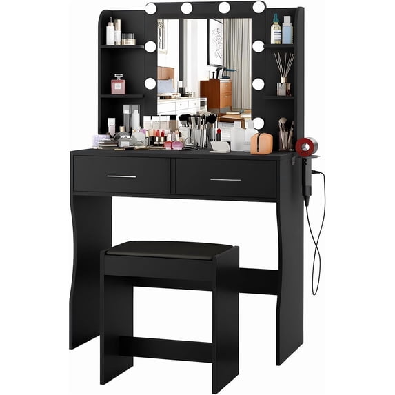PayLessHere Vanity Desk Makeup Vanity With Large Mirror And 3 Color Light Options Dressing Table Set With Adjustable Power Strip hair dryer holder , 2 Drawers And 6 Storage Shelves (Black)