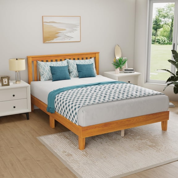 PayLessHere Wood Platform Bed Frame with Headboard Solid Wood Foundation/Easy Assembly,Natural,Full