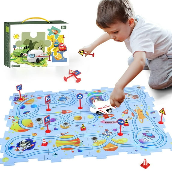 PayUSD 25 PCS Jigsaw Puzzles for Kids 3 6 with a Cute Car Toddler Puzzles Track Play Set Toy Cars Puzzle Mat Running on Track for Boys and Girls Gift, Space