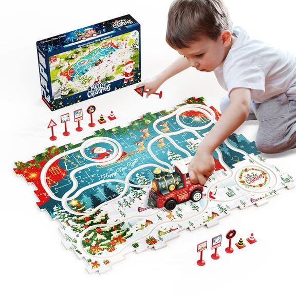 PayUSD 26 PCS Jigsaw Puzzles for Kids 3 6 with a Train Toddler Puzzles Track Play Set Toy Cars Puzzle Mat Running on Track for Boys and Girls Christmas Gift