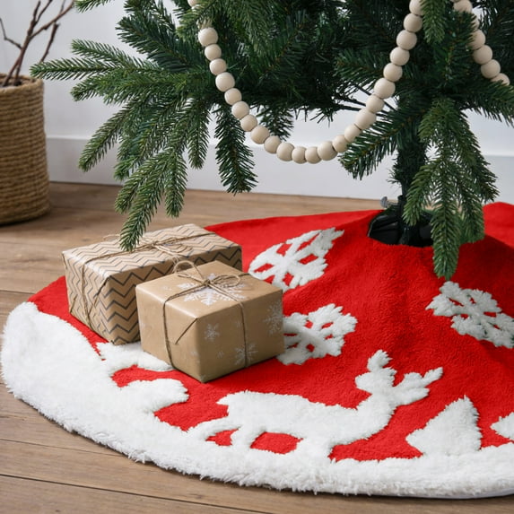 PayUSD 36 Inch Christmas Tree Skirt Plush Skirts Decoration for Merry Christmas Party Faux Fur Christmas Tree Skirts Decorations Xmas Party Holiday Decorations, Deer and Snowflake Pattern, Red