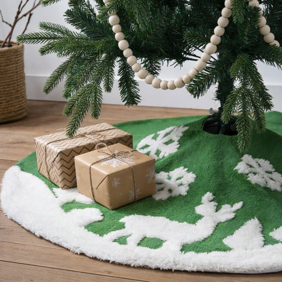 PayUSD 36 Inch Christmas Tree Skirt Plush Skirts Decoration for Merry Christmas Party Faux Fur Christmas Tree Skirts Decorations Xmas Party Holiday Decorations, Deer and Snowflake Pattern, Green