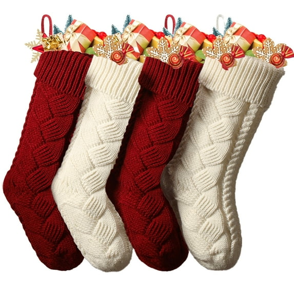 PayUSD 4 Pack Christmas Stockings 18 Inches New Twist Knitted Large Capacity Stocking Gifts Candy Bag Hanging Stockings Decorations for Family Holiday Christmas Party Decor, Ivory White&Wine Red