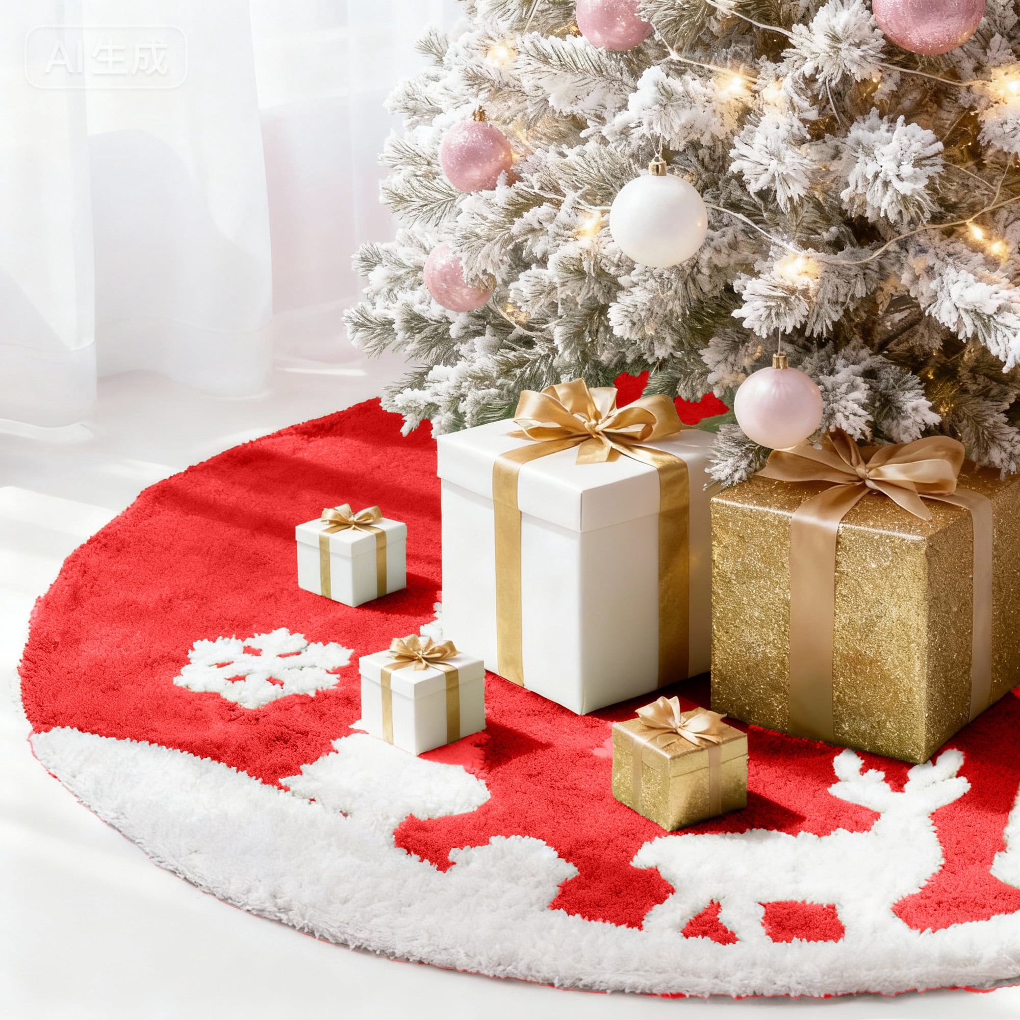 PayUSD 48 Inch Christmas Tree Skirt Plush Skirts Decoration for Merry Christmas Party Faux Fur Christmas Tree Skirts Decorations Xmas Party Holiday Decorations, Deer and Snowflake Pattern, Red
