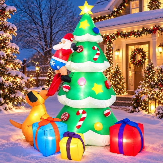PayUSD 7FT Christmas Inflatables Decoration Outdoor LED Lights Santa Claus Being Chased Up the Tree Blow Up Xmas Decor Lawn Yard Patio Garden Christmas Decor Indoor Festive Holiday Spirit