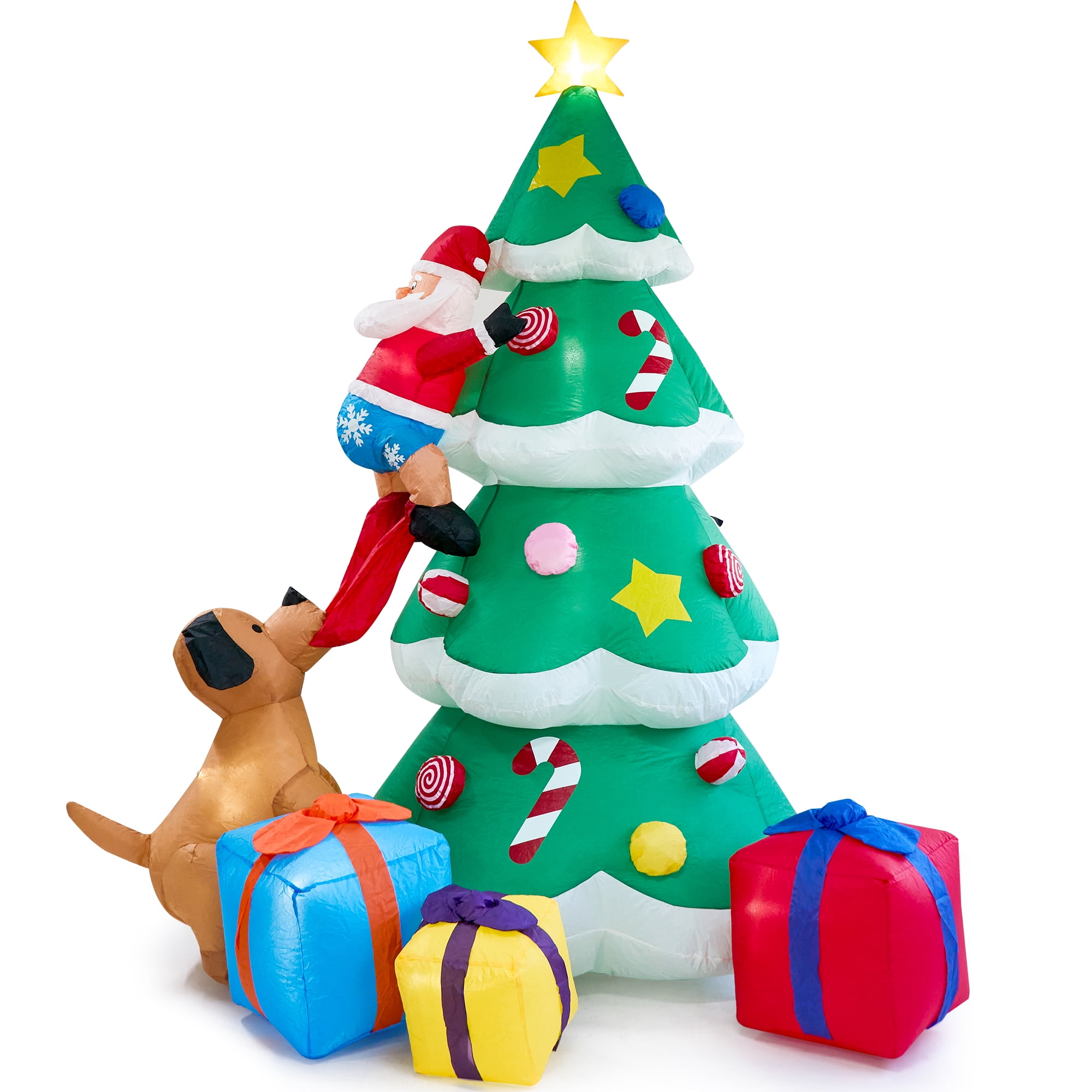 PayUSD 7FT Christmas Inflatables Decoration Outdoor LED Lights Santa Claus Being Chased Up the Tree Blow Up Xmas Decor Lawn Yard Patio Garden Christmas Decor Indoor Festive Holiday Spirit