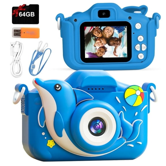 PayUSD Kids Camera for Girls Boys 64GB 1080HD Selfie Digital Cameras Portable Toddler Dolphin Toys Christmas Birthday Gift Age 3-10, Blue