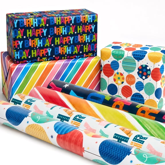 DAKIMOE Birthday Wrapping Paper Roll- 4 Rolls-17 inch x 118 inch- Colorful Birthday Pattern for Party, Baby Shower, Holiday