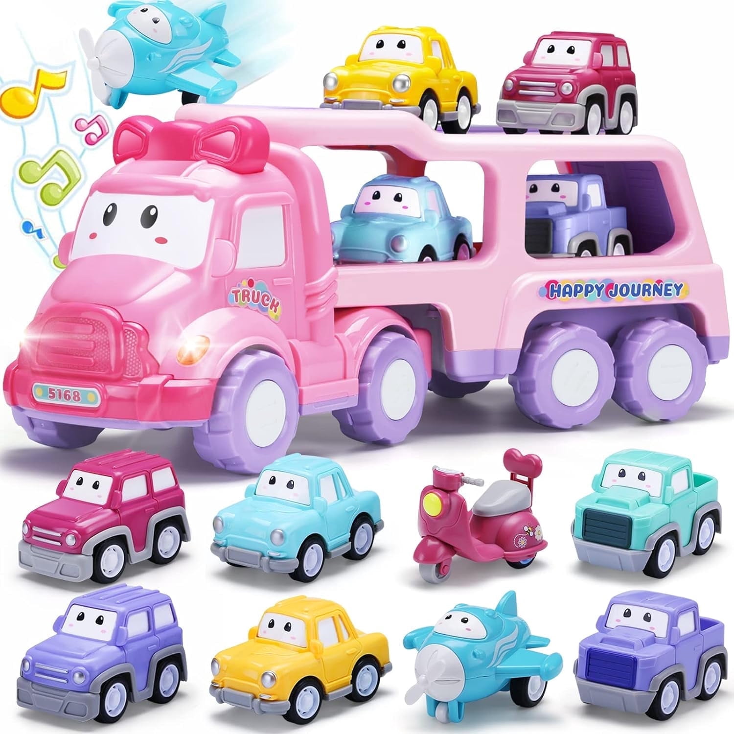 PayUSD Cartoon Vehicle Toy for Toddler Girl 5-in-1 Pink Carrier Truck for Baby Girls Friction Power Transport Car with Light and Sound Toys for 3 Years Little Girl Kid Child Infant Gift Birthday