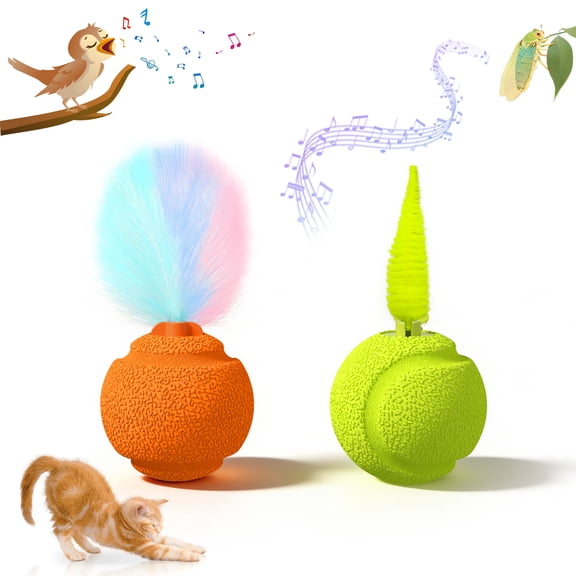Risehigh Interactive Cat Toy Ball with Realistic Animal Sounds Feather Bell Wobbly Bite Resistant Cat Toy for Indoor Cats Kittens