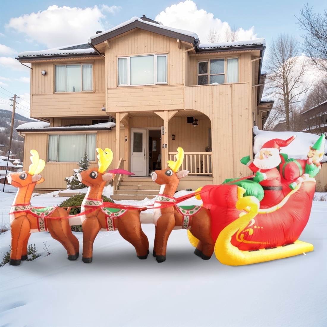PayUSD Christmas Inflatable Decoration 12 FT Long LED Lighted Santa on Yellow & Red Sleigh with Reindeers and Gift Boxes Blow up Outdoor Yard Decoration Garden Lawn Porch Xmas Holiday Party