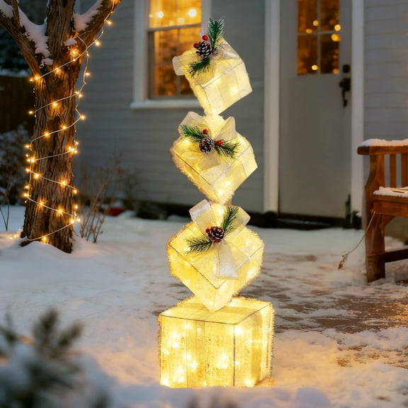 PayUSD Christmas Lighted Gift Boxes Decorations Set of 4, 2.8Ft Stackable Christmas Nesting Boxes Battery Operated for Indoor Outdoor Yard Lawn Porch Home Xmas Decor, Silver Bow