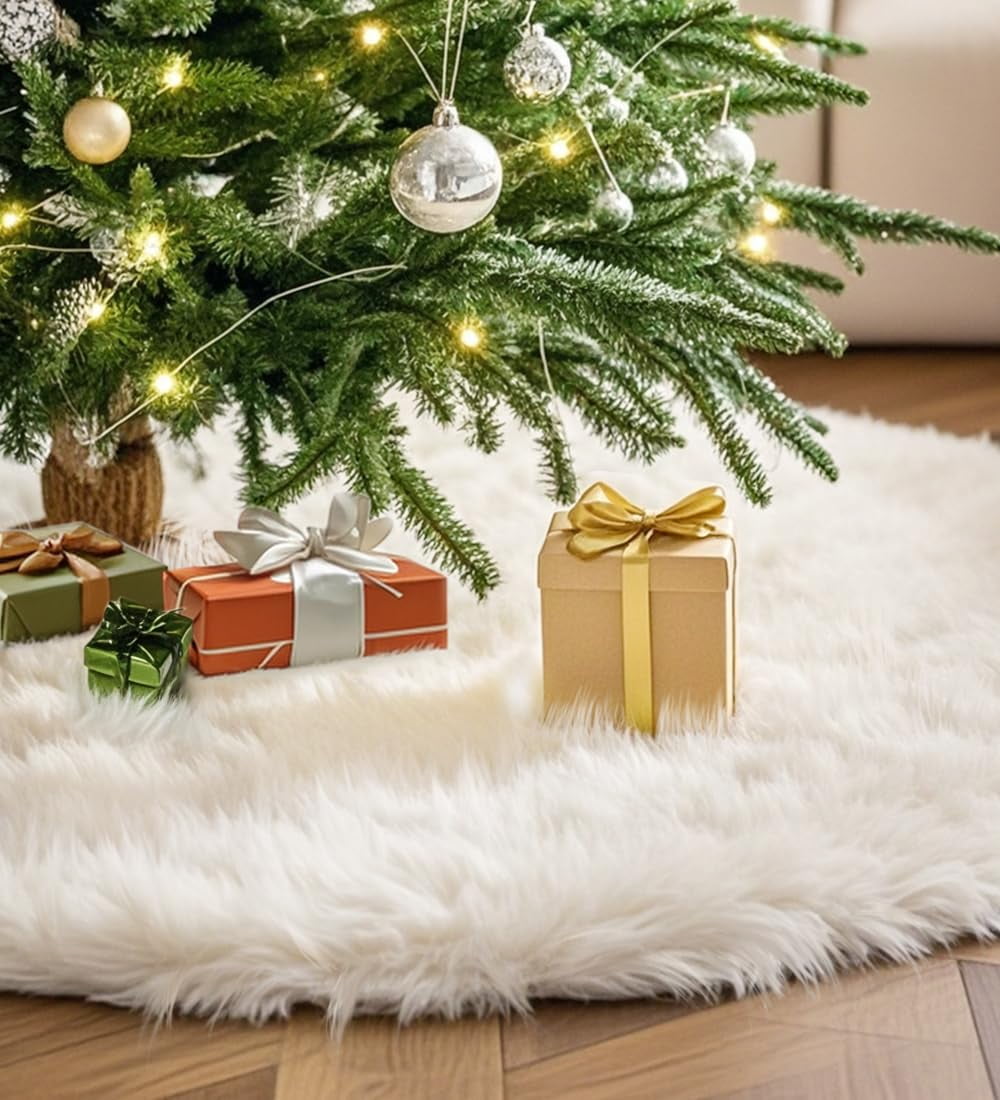 PayUSD Christmas Tree Skirt 36 Inches Faux Fur White Christmas Tree Skirt for Christmas Tree Decorations Large Plush Tree Skirts Xmas Ornaments Decorations, White
