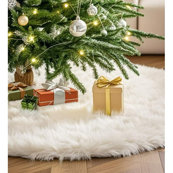 PayUSD Christmas Tree Skirt 48 Inches Faux Fur White Christmas Tree Skirt for Christmas Tree Decorations Large Plush Tree Skirts Xmas Ornaments Decorations, White