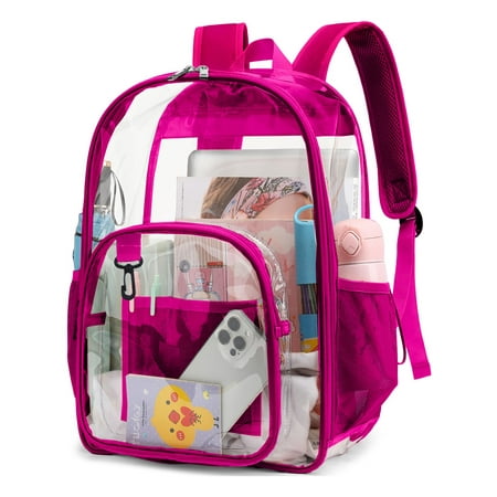 PayUSD Clear Backpack Heavy Duty Stadium Approved Waterproof PVC Transparent Book Bag with Reinforced Strap for School Work Travel Festival, Rose Red