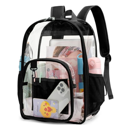 PayUSD Clear Backpack Heavy Duty Stadium Approved Waterproof PVC Transparent Book Bag with Reinforced Strap for School Work Travel Festival, Black