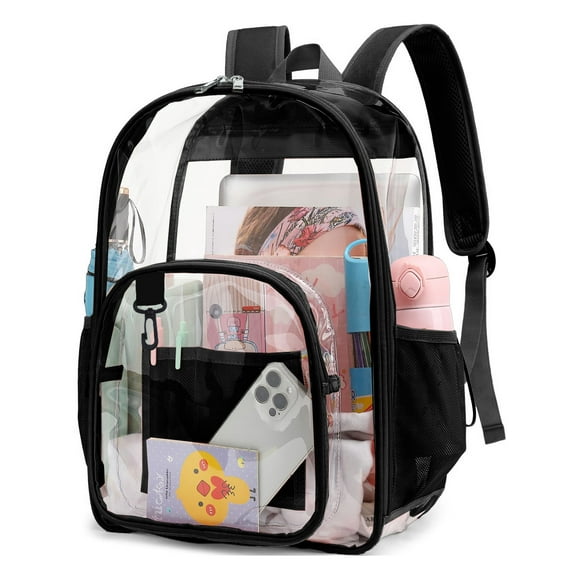 PayUSD Clear Backpack Heavy Duty Stadium Approved Waterproof PVC Transparent Book Bag with Reinforced Strap for School Work Travel Festival, Black