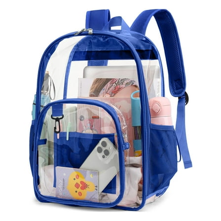 PayUSD Clear Backpack Heavy Duty Stadium Approved Waterproof PVC Transparent Book Bag with Reinforced Strap for School Work Travel Festival, Blue