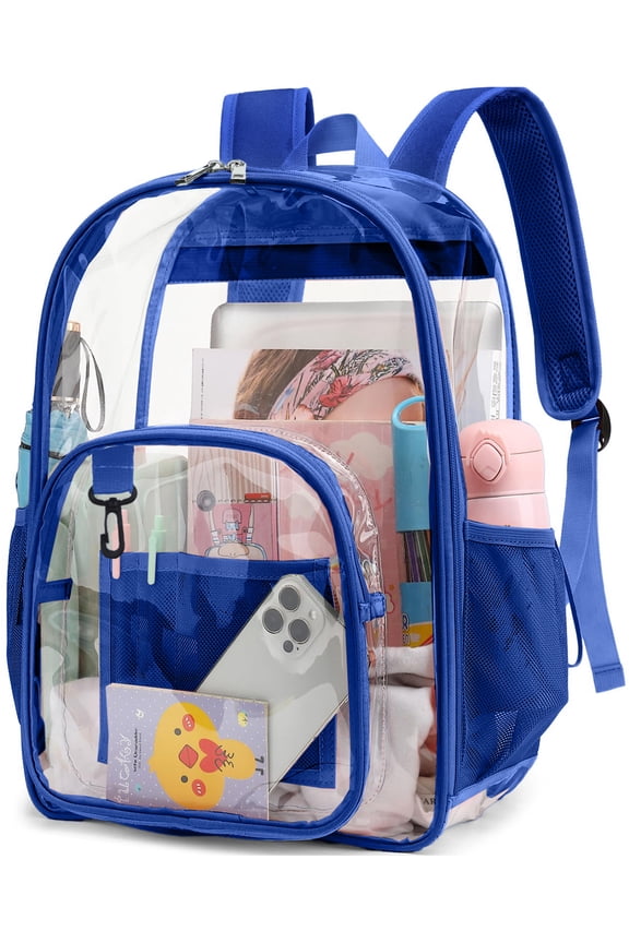 Clear Backpack Heavy Duty Stadium Approved Waterproof PVC Transparent Book Bag with Reinforced Strap for School Work Travel Festival, Blue