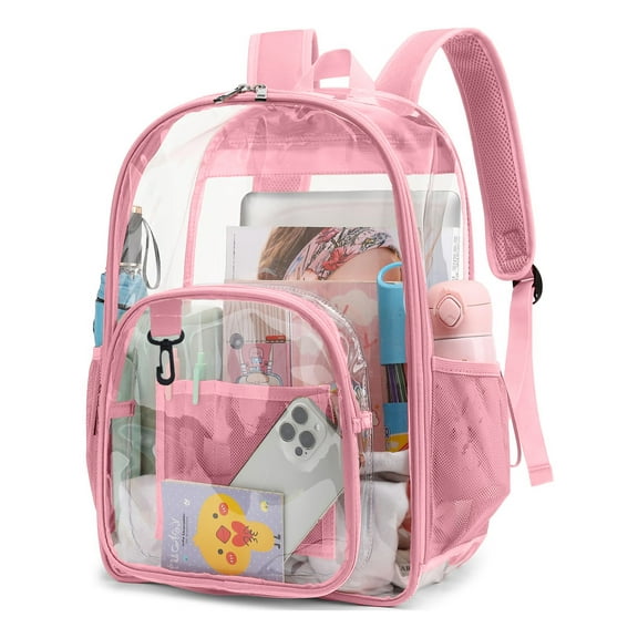 PayUSD Clear Backpack Heavy Duty Stadium Approved Waterproof PVC Transparent Book Bag with Reinforced Strap for School Work Travel Festival, Pink