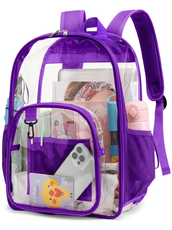 Clear Backpack Heavy Duty Stadium Approved Waterproof PVC Transparent Book Bag with Reinforced Strap for School Work Travel Festival, Purple