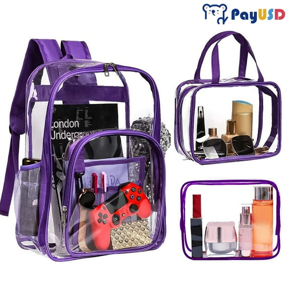 PayUSD Clear Backpack Set Heavy Duty Stadium Approved Waterproof PVC Transparent Book Bag with Reinforced Strap for School Work Travel Festival, Purple