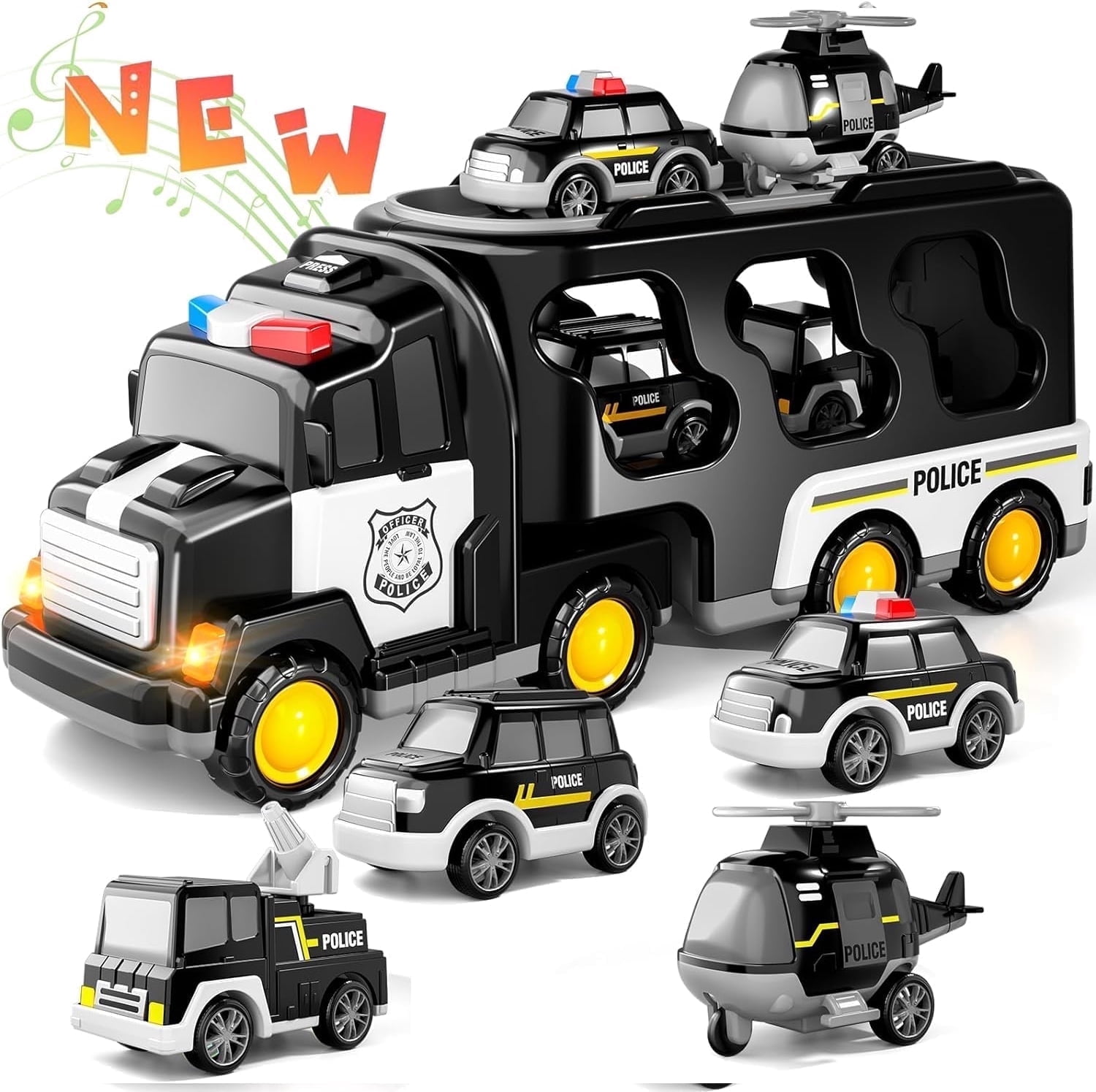 PayUSD Construction Toddler Police Truck Car Toys for 3 4 5 6 Year Old Boys 5 in 1 Construction Car Trucks Playset with Play Mat & Accesoories, Birthday Gifts for Toddlers Kids Boys Girls Age 3-5