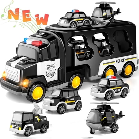 PayUSD Construction Toddler Police Truck Car Toys for 3 4 5 6 Year Old Boys 5 in 1 Construction Car Trucks Playset with Play Mat & Accesoories, Birthday Gifts for Toddlers Kids Boys Girls Age 3-5