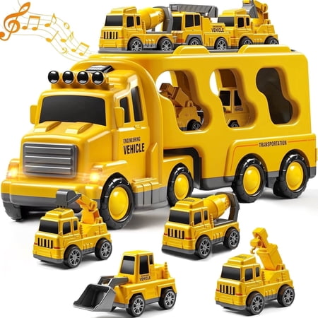 PayUSD Construction Toddler Truck Toys for 3 4 5 6 Year Old Boys 5-in-1 Friction Power Vehicle Car Toy for Toddlers 1-3 Carrier Truck Toys for Kids 3-5 Christmas Birthday Gifts for Girls Age 3-9