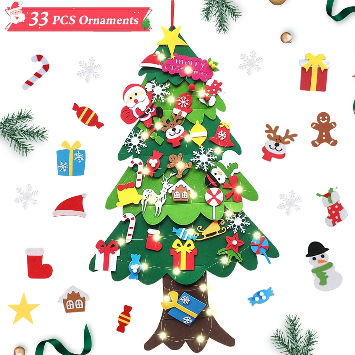 PayUSD DIY Lighted Felt Christmas Tree Set for Toddlers, Kids Door Wall Hanging Xmas Gifts Christmas Decorations, 3.2FT Family 3D Fake Xmas Tree with 33 pcs Detachable Ornaments, C Style