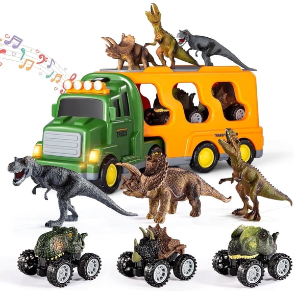 PayUSD Dinosaurs Truck Toys for Boys Kids 7 in 1 Construction Toddler Truck Car 3-5 Years with 3 Dino Figures 3 Monster Cars Friction Toy Vehicle in Carrier Toddler Play gift Set