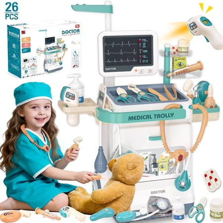 PayUSD Doctor Kit for Toddlers Kids Doctors Play Set, Pretend Play Medical Station for Boys/Girls, 26 Accessories Mobile Cart with Sound and Light and Electronic Thermometer Toys for ages 3 4 5-7