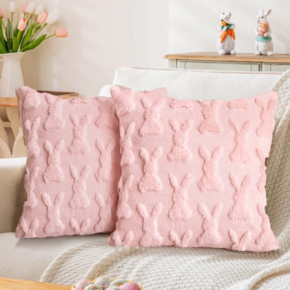 PayUSD Easter Pillow Covers 18x18 inch Set of 2 Easter Soft Plush Faux Fur Jacquard Throw Pillows for Bedroom Sofa Couch Chair Holiday Festivals Home Decor Easter Rabbit and Eggs