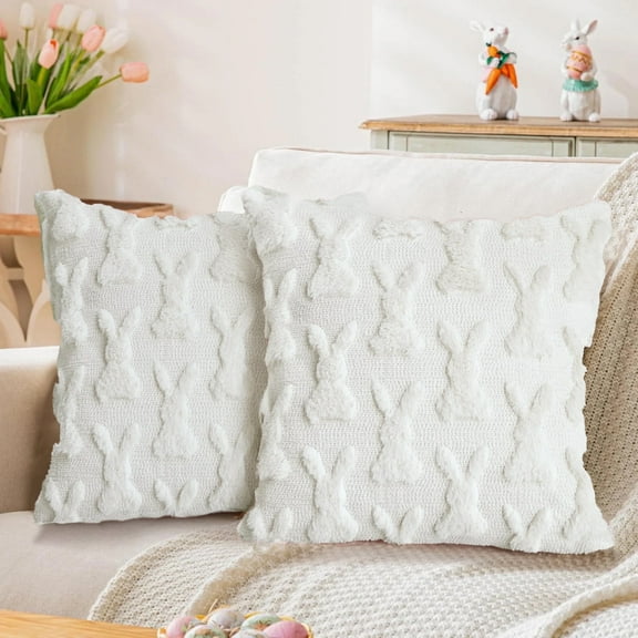 PayUSD Easter Pillow Covers 18x18 inch Set of 2 Easter Soft Plush Faux Fur Jacquard Throw Pillows for Bedroom Sofa Couch Chair Holiday Festivals Home Decor Easter Rabbit and Eggs