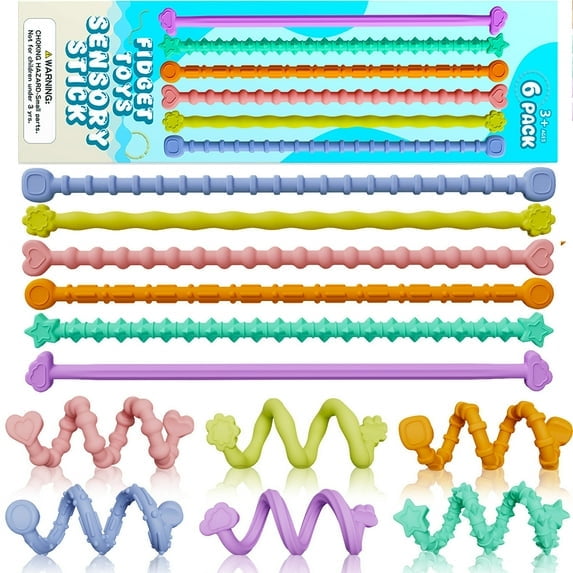 PayUSD 6PCS Sensory Fidget Toys for Kids Adults, Flexible Fidget Sticks for Stress Relief, Quiet Classroom Office Desk Travel Toy Accessories Gift for Christmas