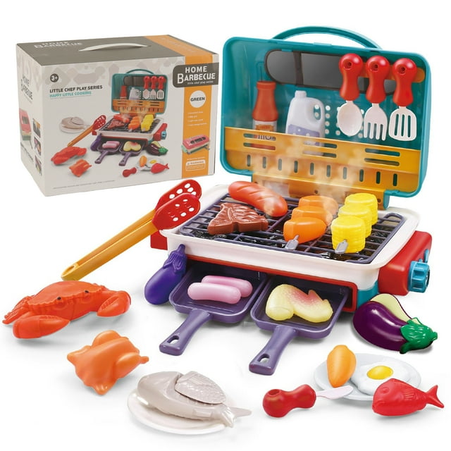 PayUSD Kids Kitchen Play Set, Kids BBQ Grill Playset with Realistic Spray, Light & Sound, Color Changing Play Food & Dishes Toy, Pretend Barbecue Accessories Set for Girls Boys Toddler