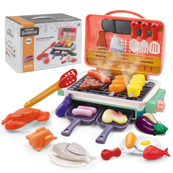 PayUSD Kids BBQ Grill Toy, Barbecue Kitchen Cooking Playset with Realistic Spray, Light & Sound, Color Changing Play Food & Dishes Toy, Pretend BBQ Accessories Set for Girls Boys Toddler