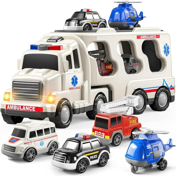 PayUSD Kids Boy Toys Trucks Construction Toddler Truck Car Toy Playsets Emergency Vehicle Friction Powered Vehicles with Light and Sound 7 in 1 Construction Toddler Truck Car