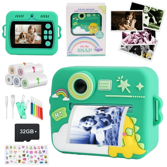 PayUSD Kids Camera Color Instant Print, Christmas Birthday Gifts for Girls and Boys, 1080P HD Video Digital Kids Camera with 32G Card 5 Color Rolls Paper, Toddler Camera for 3-12 Years Old, Green
