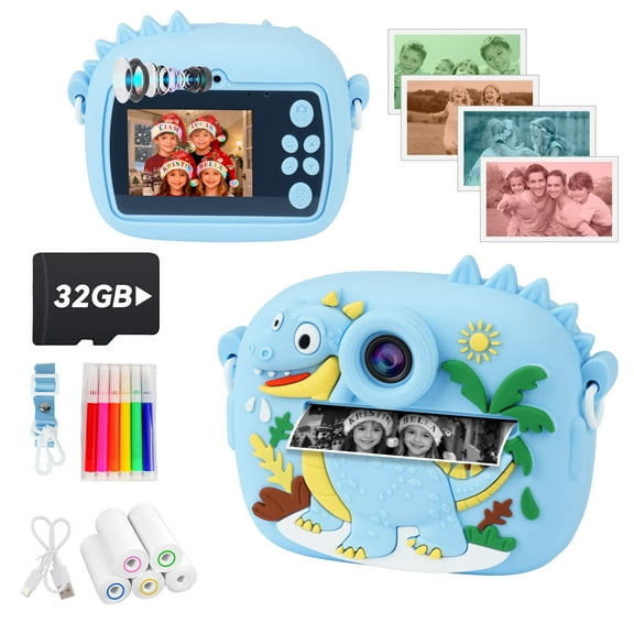 PayUSD Kids Camera Selfie Video Instant Print Birthday Gifts for Christmas Girls Boys Age 3-12 1080P Digital Photos Portable Toddler Toys for 4 5 6 7 8 9 10 Year Old with 32GB SD Card Dinosaur Blue