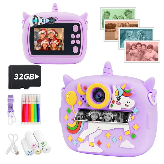 PayUSD Kids Camera Selfie Video Instant Print Birthday Gifts for Christmas Girls Boys Age 3-12 1080P Digital Photos Portable Toddler Toys for 4 5 6 7 8 9 10 Year Old with 32GB SD Card Purple Unicorn