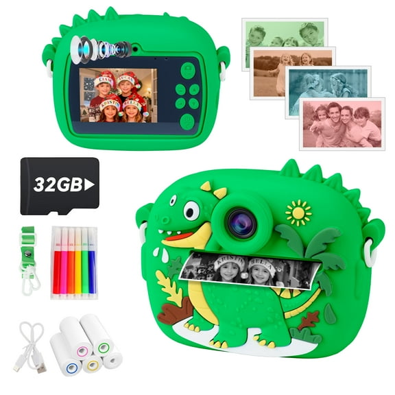 PayUSD Kids Camera Selfie Video Instant Print Birthday Gifts for Christmas Girls Boys Age 3-12 1080P Digital Photos Portable Toddler Toys for 4 5 6 7 8 9 10 Year Old with 32GB SD Card Dinosaur Green