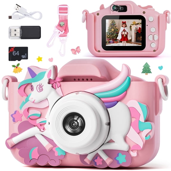 PayUSD Kids Camera Selfie Video Unicorn Christmas Birthday Gifts 1080P HD Digital for Boys Girls Age 3-12 Gifts Toys for 3 4 5 6 7 8 9 Years Old with 32GB SD Card Pink