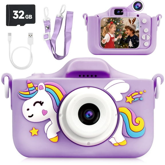 PayUSD Kids Camera Selfie Video Unicorn Christmas Birthday Gifts 1080P HD Digital for Boys Girls Age 3-12 Gifts Toys for 3 4 5 6 7 8 9 Years Old with 32GB SD Card Purple