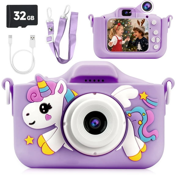 PayUSD Kids Camera Selfie Video Unicorn Christmas Birthday Gifts 1080P HD Digital for Boys Girls Age 3-12 Gifts Toys for 3 4 5 6 7 8 9 Years Old with 32GB SD Card Purple